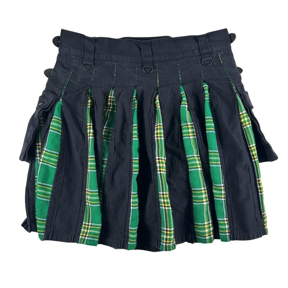 Vintage Kilt Mens XL Grunge Black Green Utility Plaid Scottish Punk Pockets